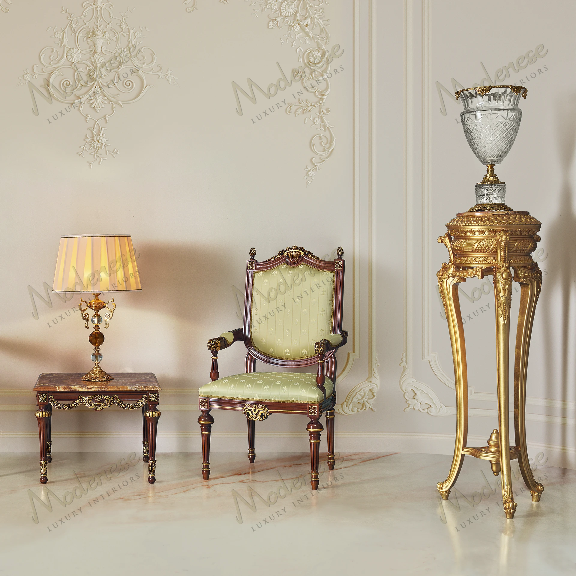 Elite Vase Stand: Wooden structure, onyx top, full gold leaf finish, sleek aesthetic Luxurious design with a blend of natural and opulent materials