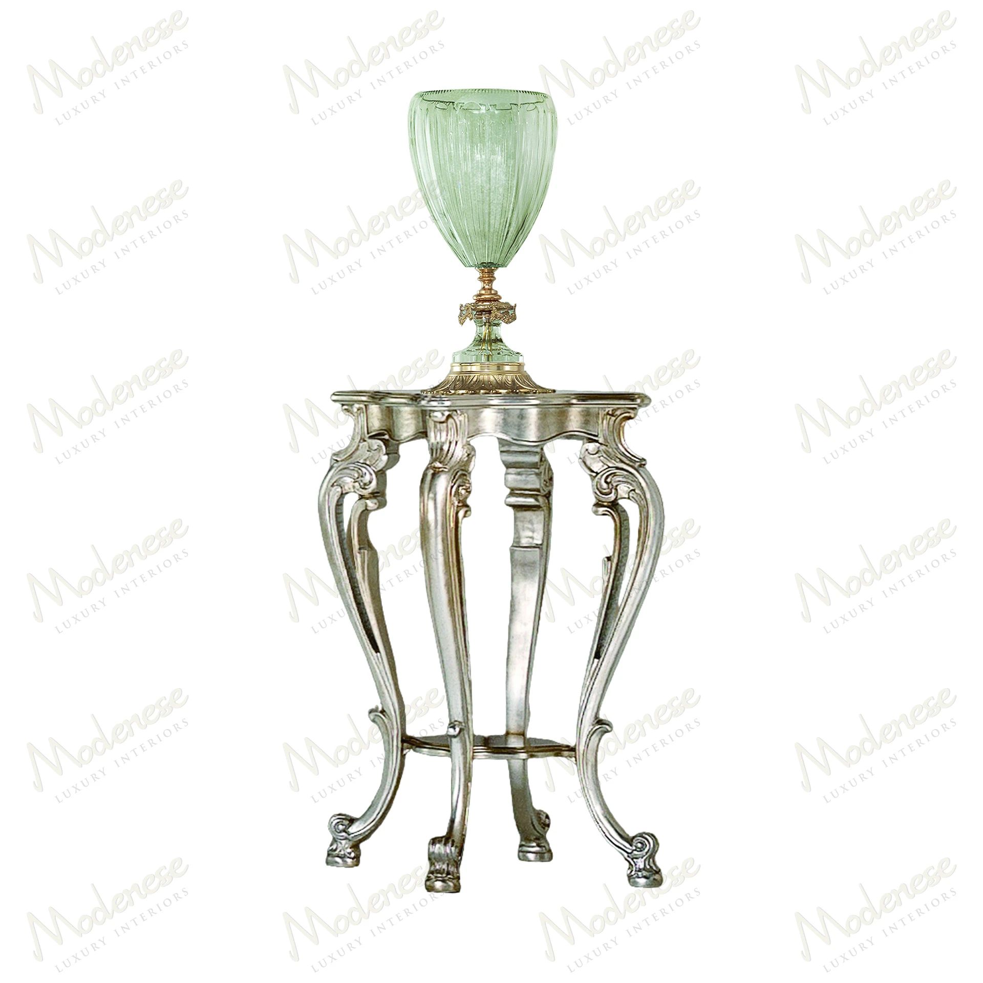 Celeste Elegance Vase Stand, silver leaf finish, showcases an elegant design with intricate detailing Ideal for adding sophistication to any decor
