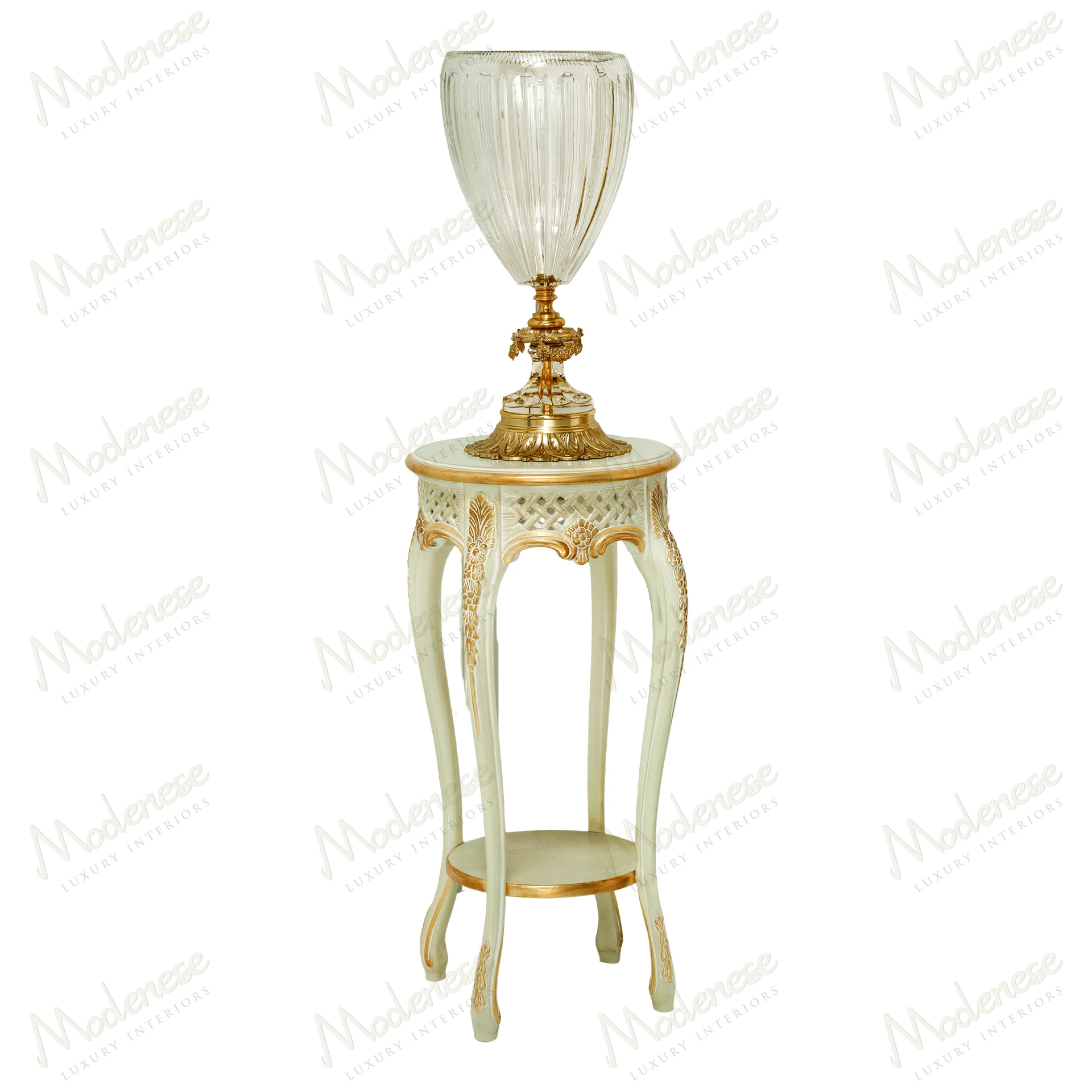 Pearl Luxury Vase Stand with ivory lacquered finish, gold leaf details, elegant style, refined craftsmanship
