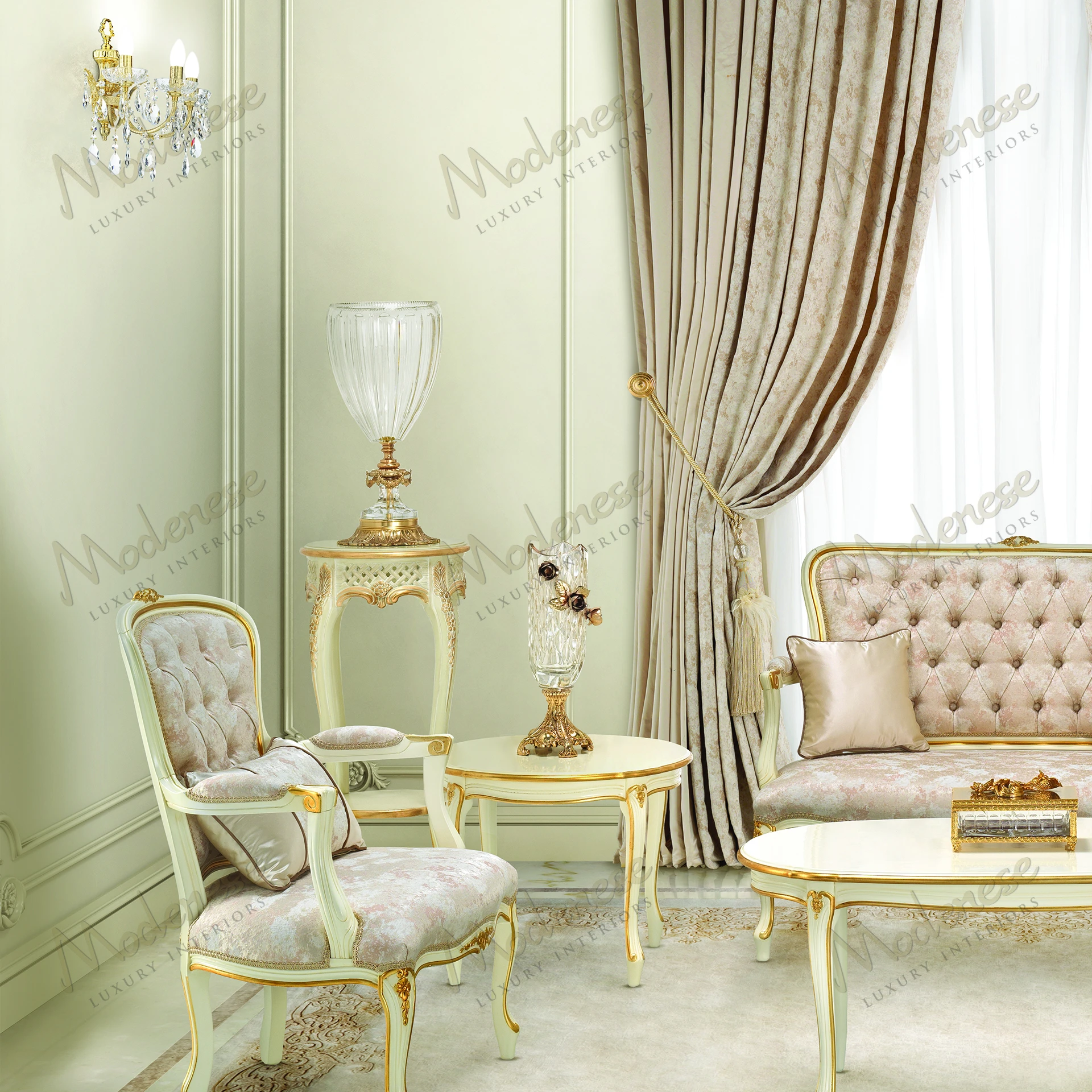 Pearl Luxury Vase Stand, wood structure, wooden top, ivory lacquered tones, gold leaf details, sleek aesthetic