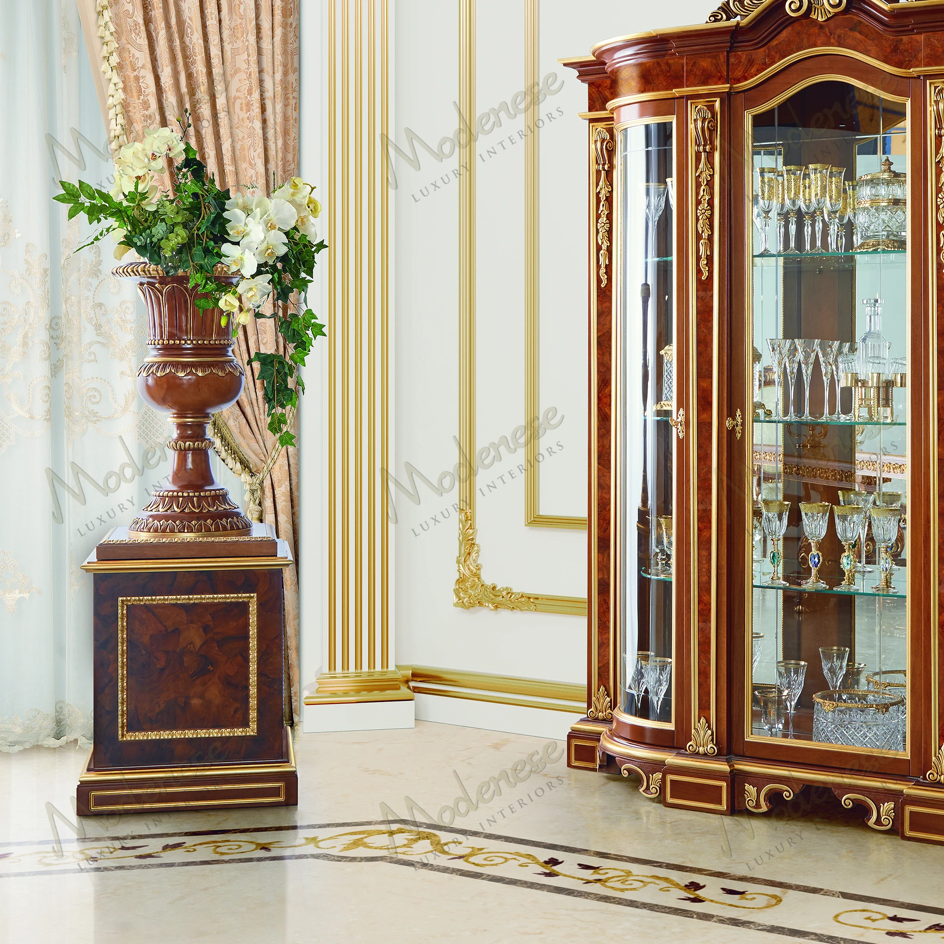 Elegant Walnut Vase with Intricate Carvings and Gold Leaf Flourishes