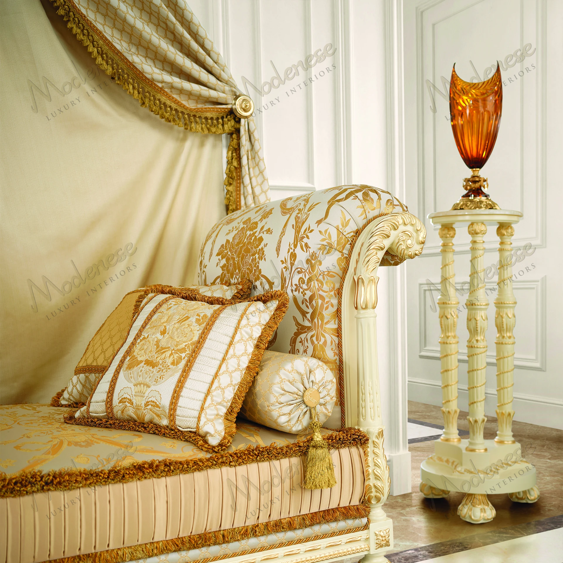 Golden Radiance Vase Stand, ivory lacquered finish, gold leaf details, smooth surface, luxurious feel