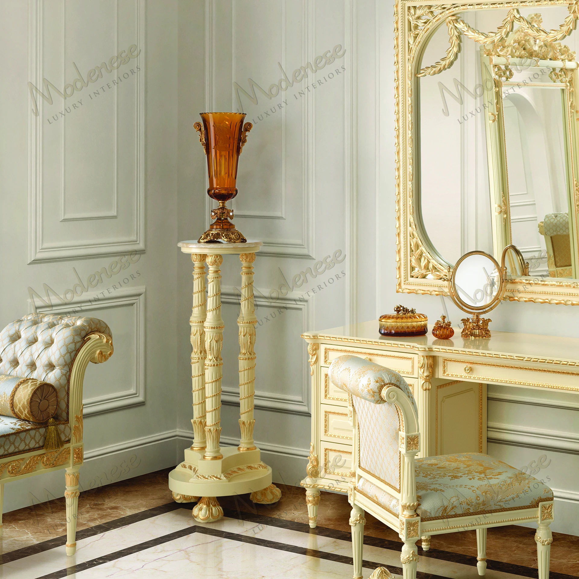Golden Radiance Vase Stand, wood structure, wooden top, ivory lacquered tones, gold leaf details, sleek aesthetic