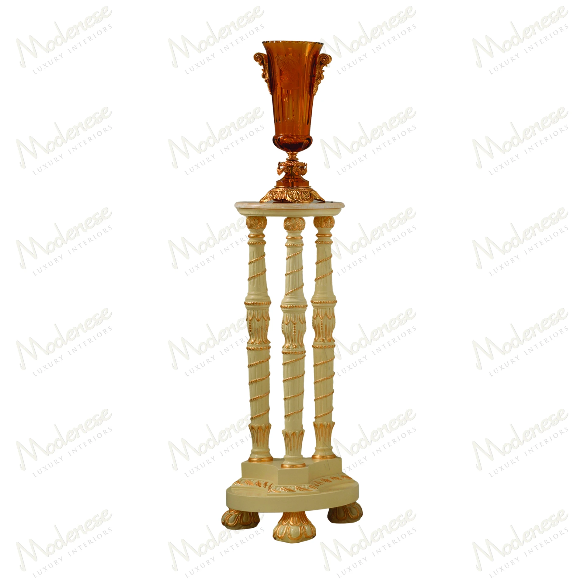Golden Radiance Vase Stand with ivory lacquered finish, gold leaf details, elegant style, refined craftsmanship