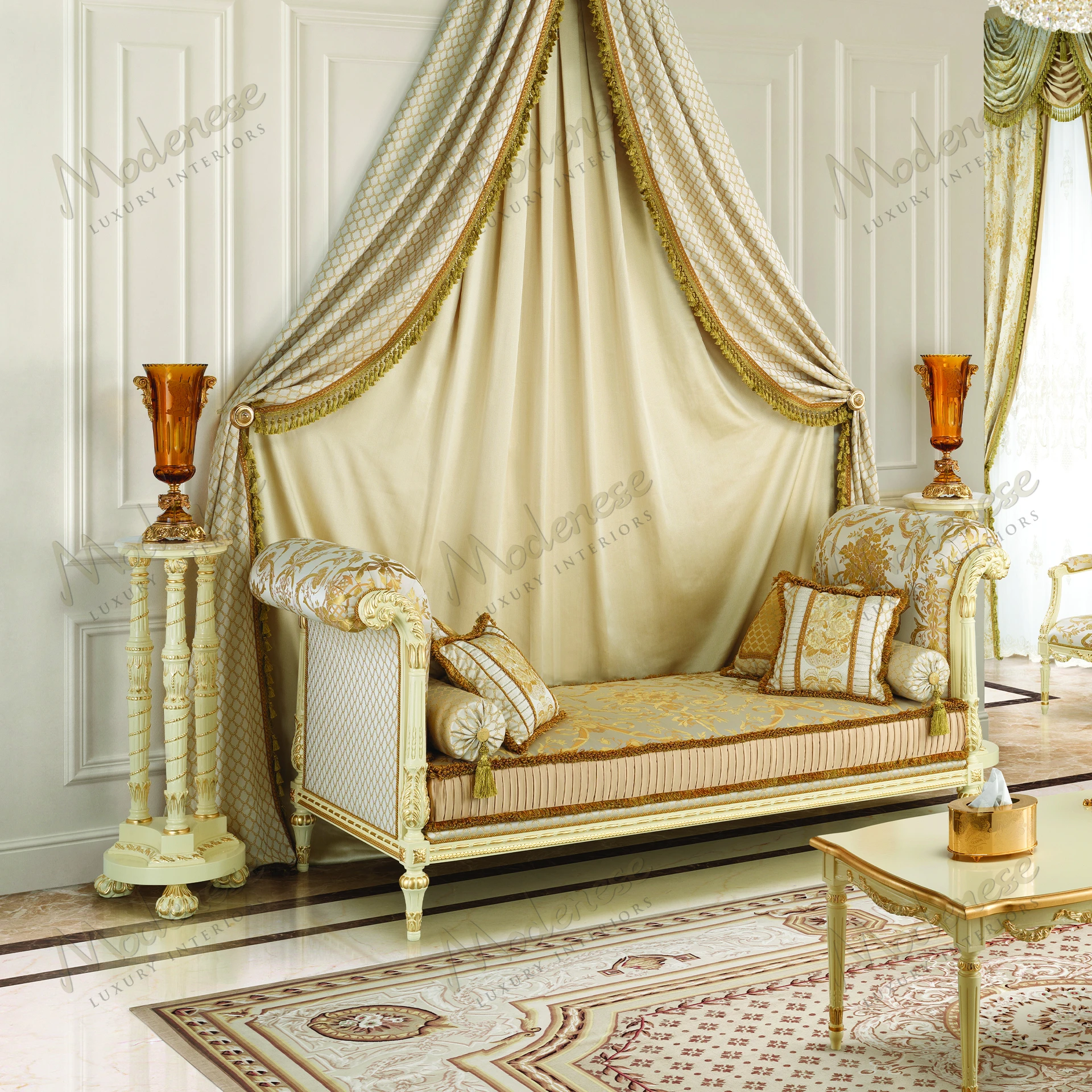 Golden Radiance Vase Stand, wood structure, smooth surface, cozy texture, ivory lacquered finish, gold leaf details