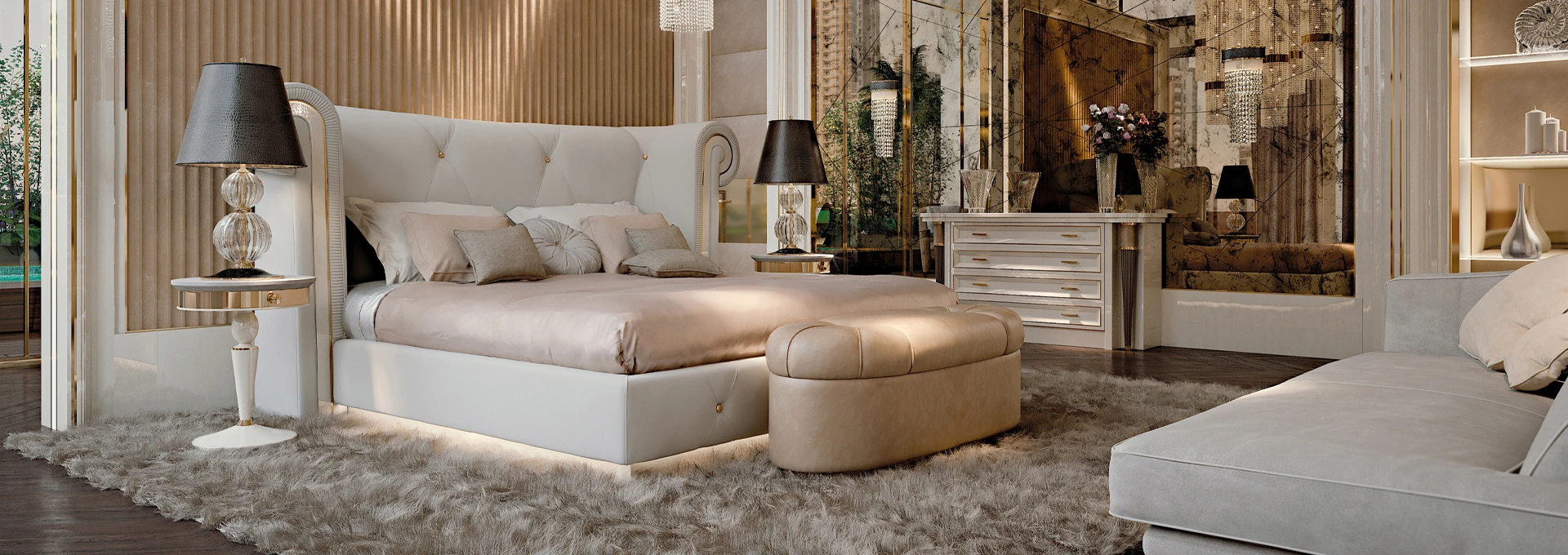 The EVOLUTION BEDROOM, a masterclass in contemporary design, featuring a large upholstered headboard and a serene, sophisticated color palette in a luxury penthouse setting.