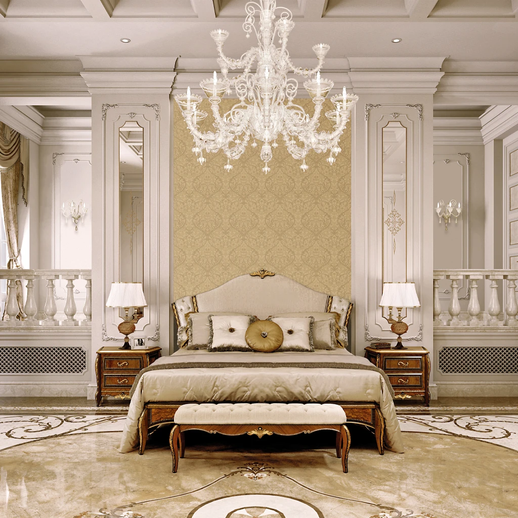 Elegant living room setting featuring the Heritage collection, where classical Italian furniture is softened by a palette of warm ivory and dusty rose.