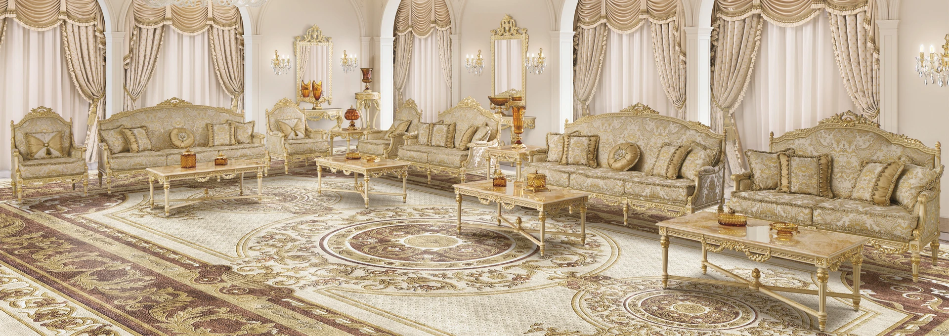 A sophisticated living room designed in a Soft Classic Style, featuring a plush, cream-colored sofa from the Timeless Collection set against dark wood paneling.