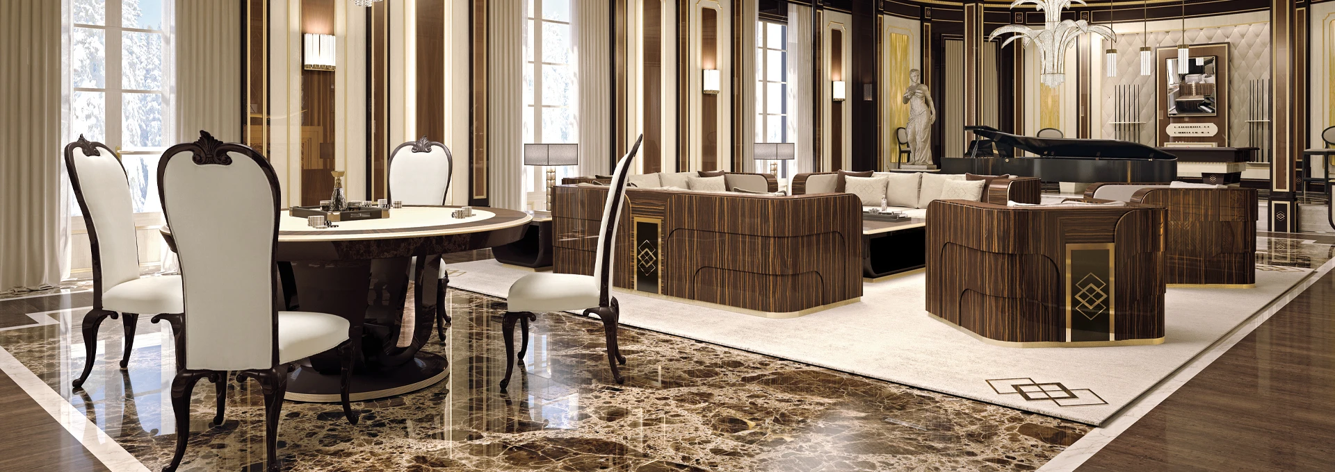 A detailed close-up of a tabletop from the Eclectic Collection, showcasing the dramatic black and brown stripes of the polished Makassar Wood.