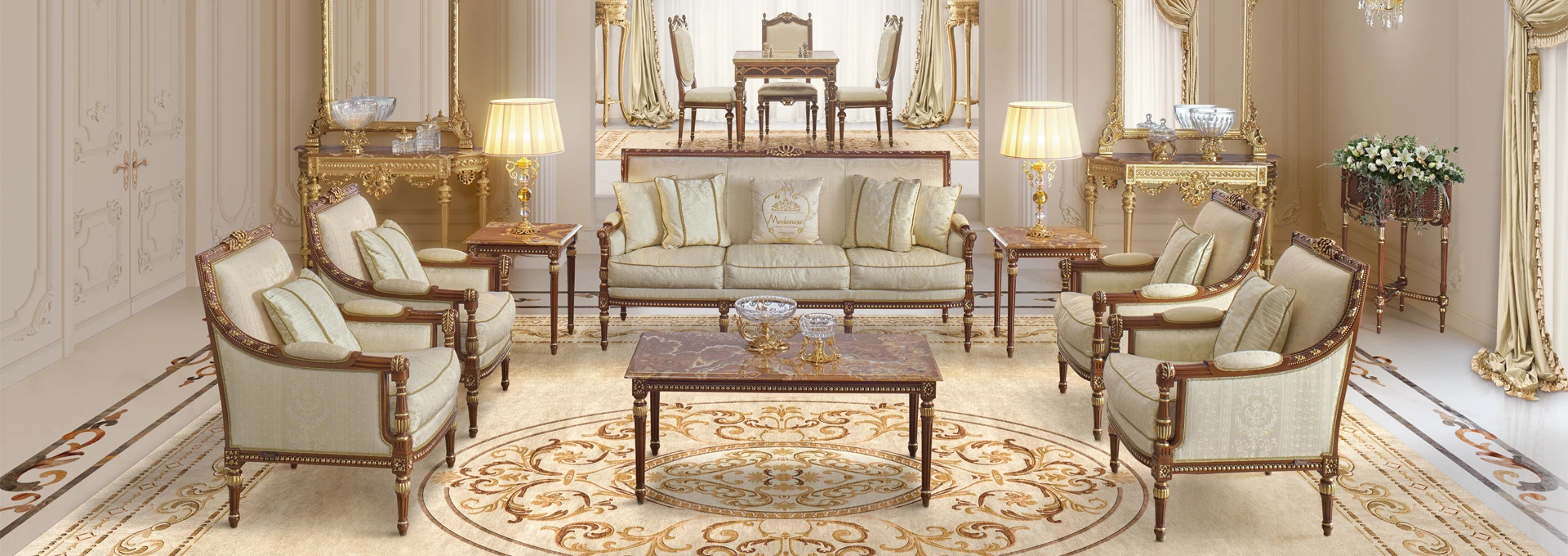 Elegant living room in the soft classic style, with a cream-colored sofa and brass accents embodying the principles of timeless living.