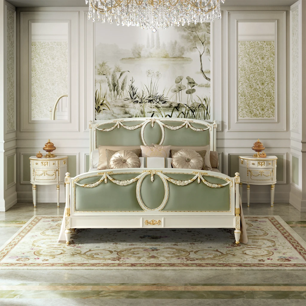 Detail of a masterfully carved wooden headboard with a soft white finish, an exemplar of classic bedroom furniture craftsmanship for a timeless bedroom design.