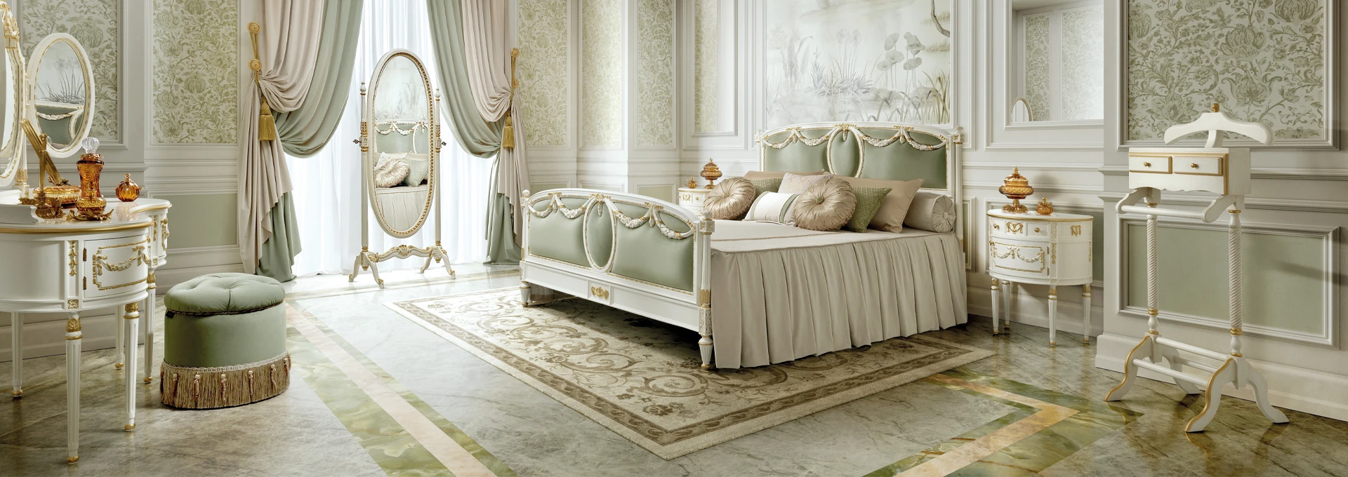 An elegant bedroom designed in the soft classic style, featuring a central upholstered bed, symmetrical nightstands, and a neutral color palette, creating a timeless bedroom sanctuary by Modenese Projects.