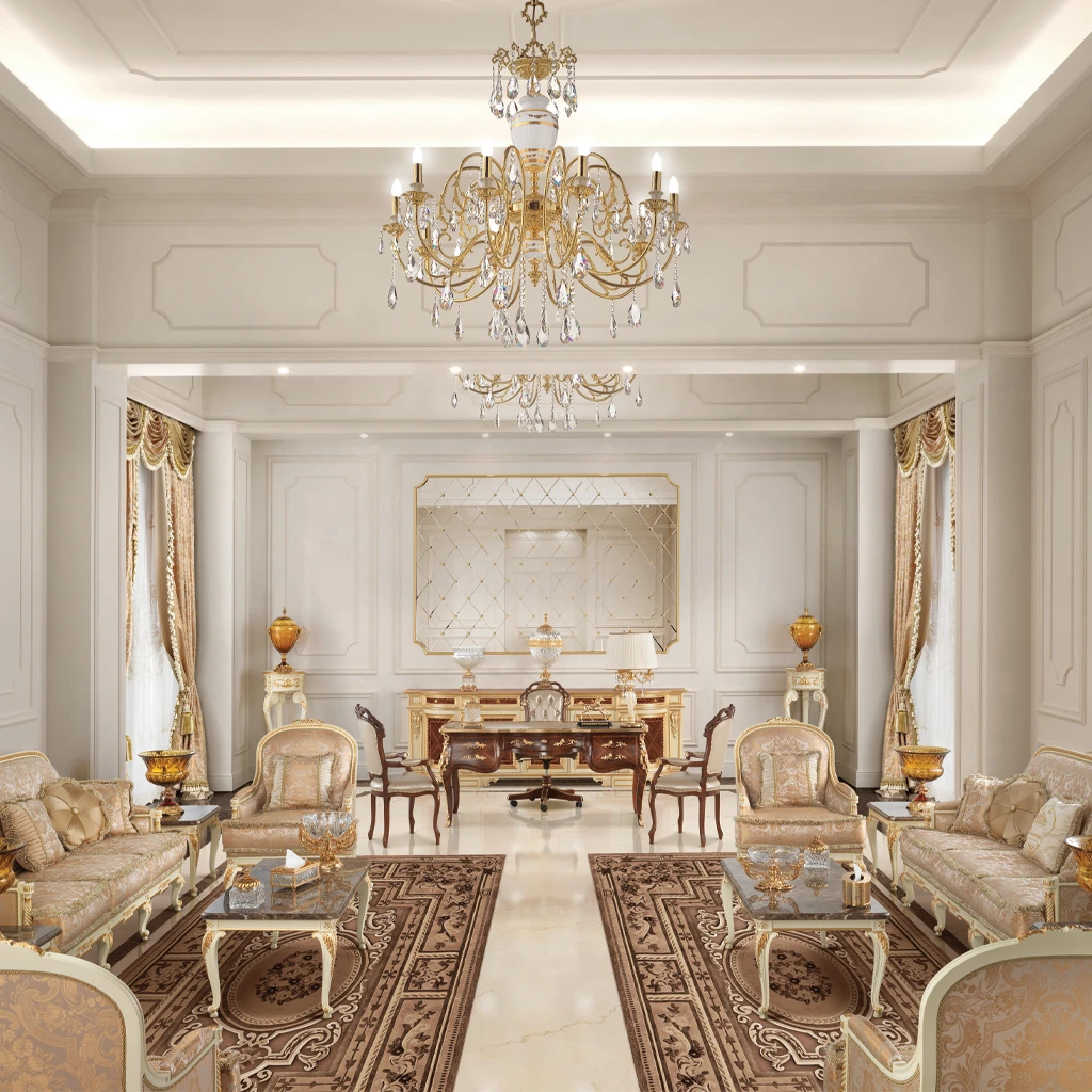 Detail shot of a classic armchair's hand-carved wooden arm, showcasing timeless style and craftsmanship against a backdrop of soft, contemporary wall color.