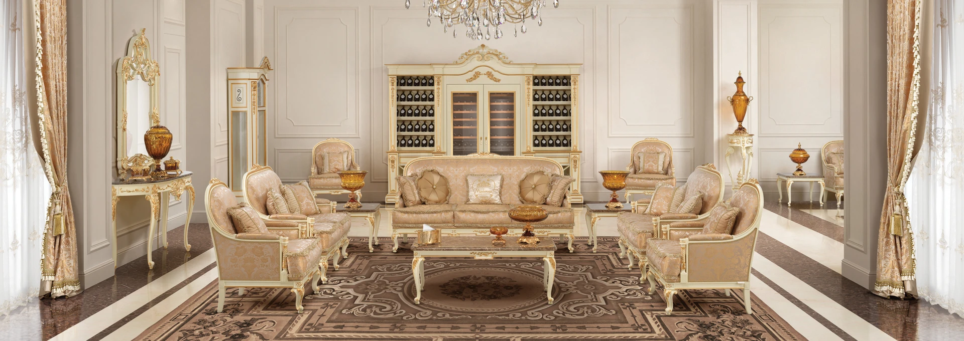 A luxurious living room embodying the Heritage Living concept, with a classic carved sofa upholstered in a modern sage green fabric, creating a sophisticated and revisited interior.