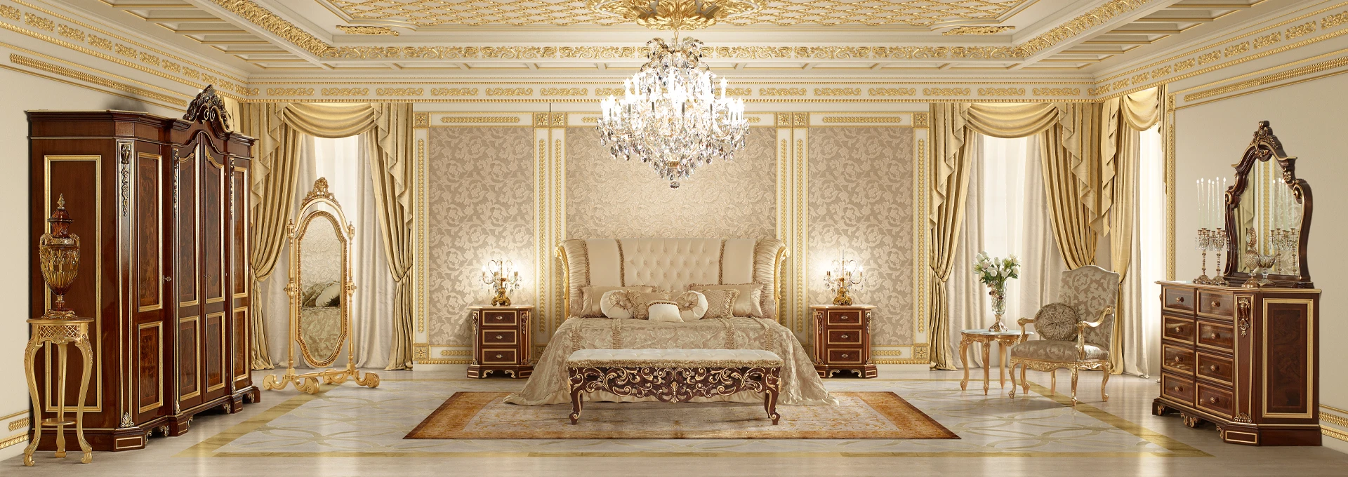 A sophisticated Heritage Bedroom featuring a grand, tufted headboard in powder pink velvet, flanked by ornate, hand-carved nightstands with gold leaf accents, defining classic bedroom design.