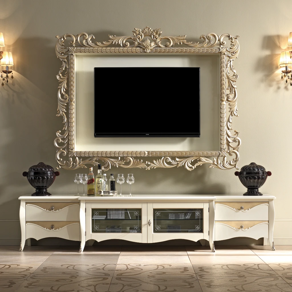 Detail shot of a high-end home's interior, focusing on the fusion of contemporary design and classical curves in a single, elegant console table against an ornate wall.