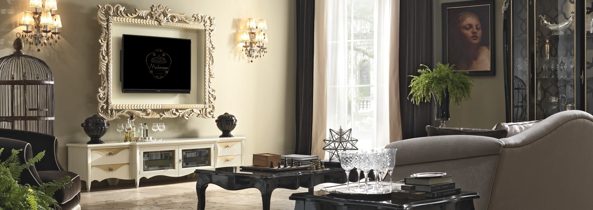 A sophisticated Prestige Living room where a sleek contemporary sofa in a neutral tone is complemented by armchairs with classic curved legs, embodying luxury interiors.