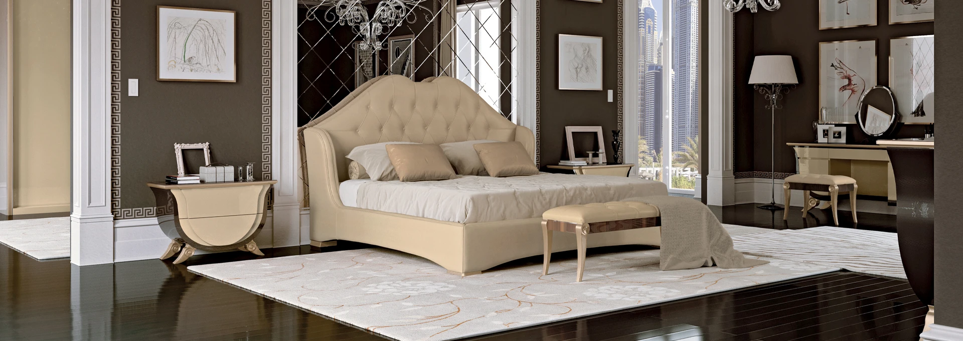 A holistic view of the Prestige Bedroom collection, showcasing the bed with its curved headboard, matching nightstands, and dresser in a luxurious, well-lit room, exemplifying fine Italian bedroom furniture.