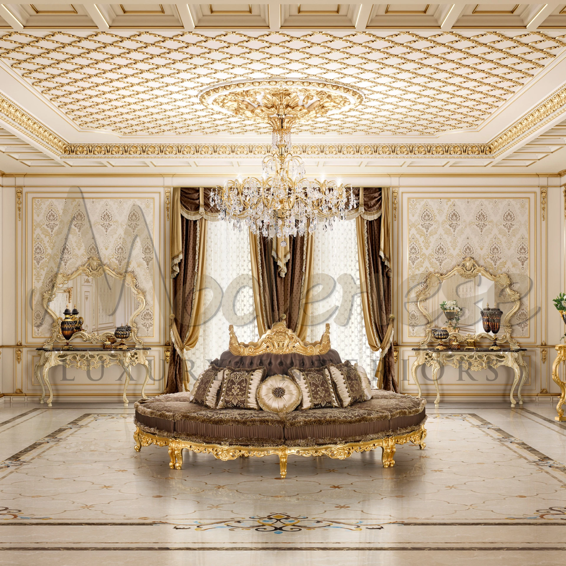 Iconic Victorian Era Round Sofa, blending elegance and luxury with gold leaf structure finishing and solid wood.