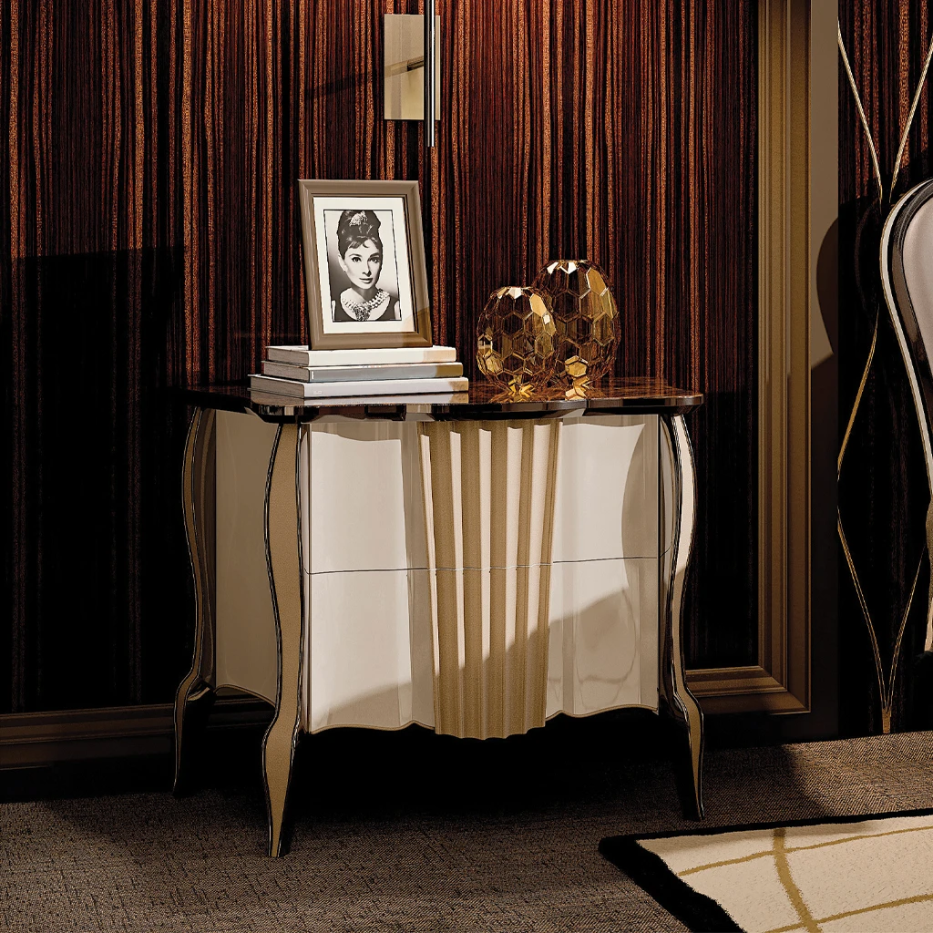 Detailed view of a bespoke bed's headboard, showcasing the dramatic, linear grain of polished Makassar wood in a luxurious bedroom decor scheme.