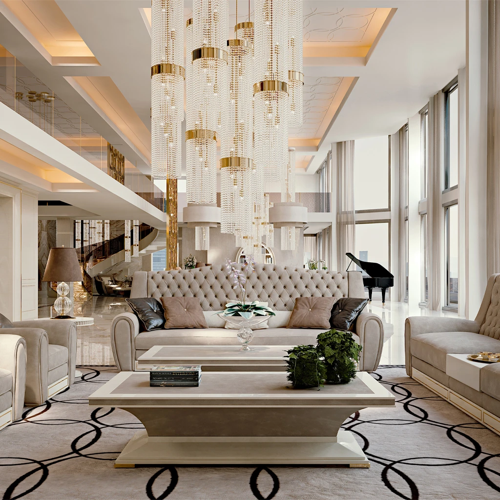 Detail of a luxury apartment interior by Modenese Projects, showing the textural contrast between a plush velvet sofa and a cool marble accent wall, exemplifying high-end design.