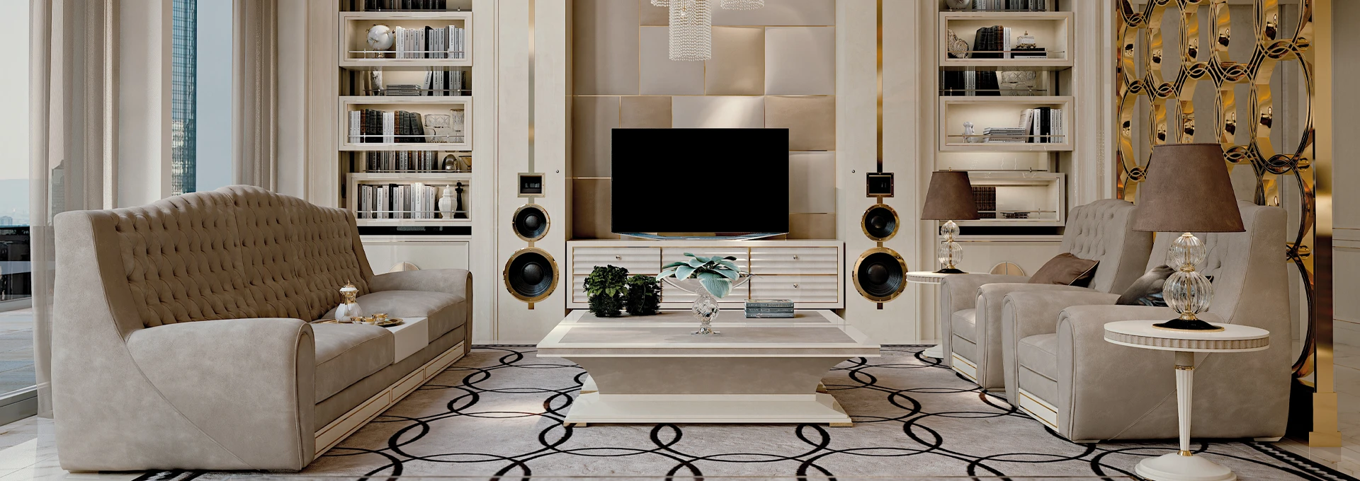 A sun-drenched living area in the Evolution Living contemporary penthouse, featuring bespoke minimalist furniture and a panoramic city view through floor-to-ceiling windows.