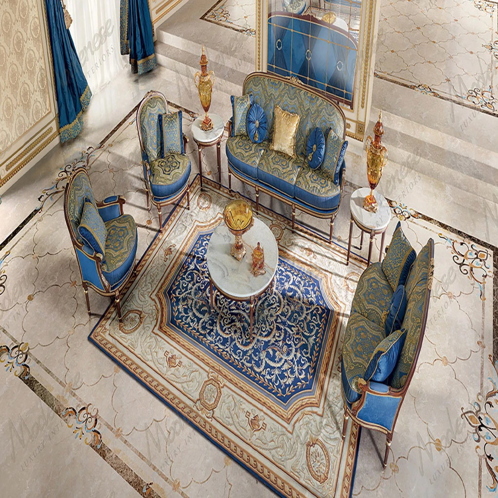 A Sarelli Neoclassical bespoke rug in rich jewel tones, its detailed patterns echoing the gilded carvings of a nearby armchair in a Modenese Project interior.