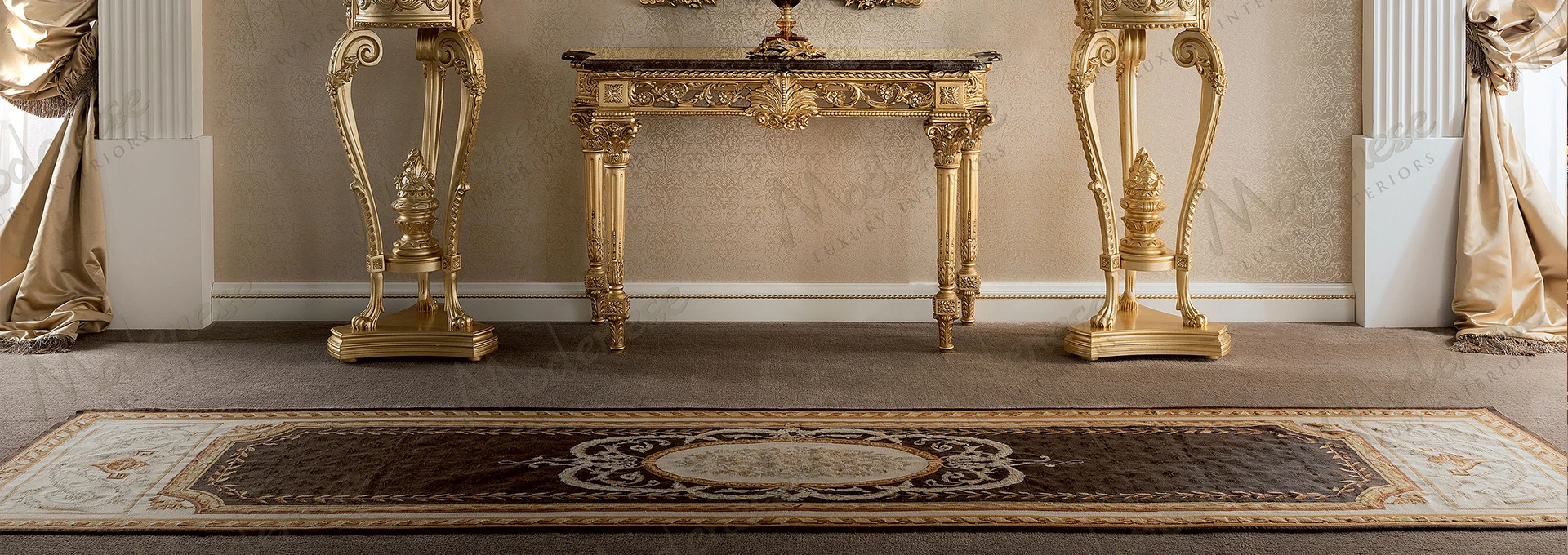 An exquisite handtufted rug from the SARELLI TIMELESS collection anchors an elegant living space, its sophisticated floreal design setting the tone for the MODENESE PROJECT.