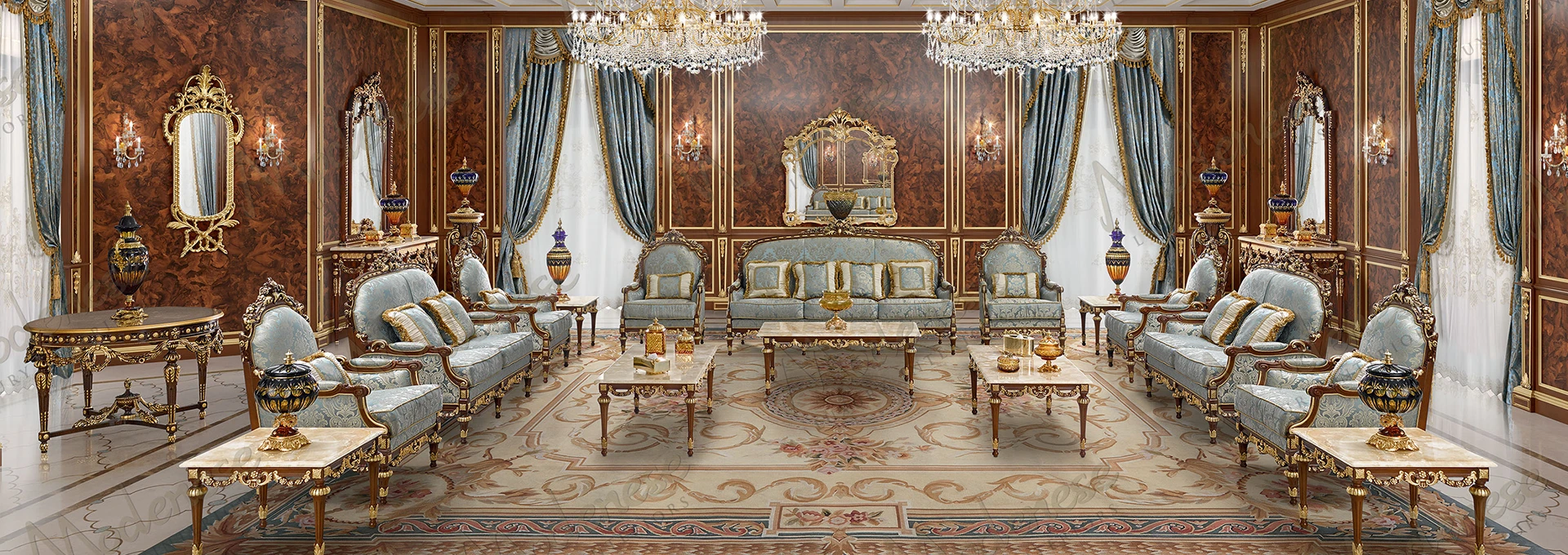 A lifestyle shot of a sophisticated interior where the Sarelli Savonnerie Floreal Design rug provides a foundation of botanical elegance for the Modenese Project furniture.