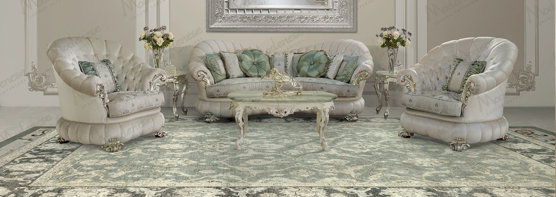 A grand living space from the Modenese Project featuring an ornate hand-carved sofa set against a large, bespoke Sarelli Neoclassical rug with a central medallion.