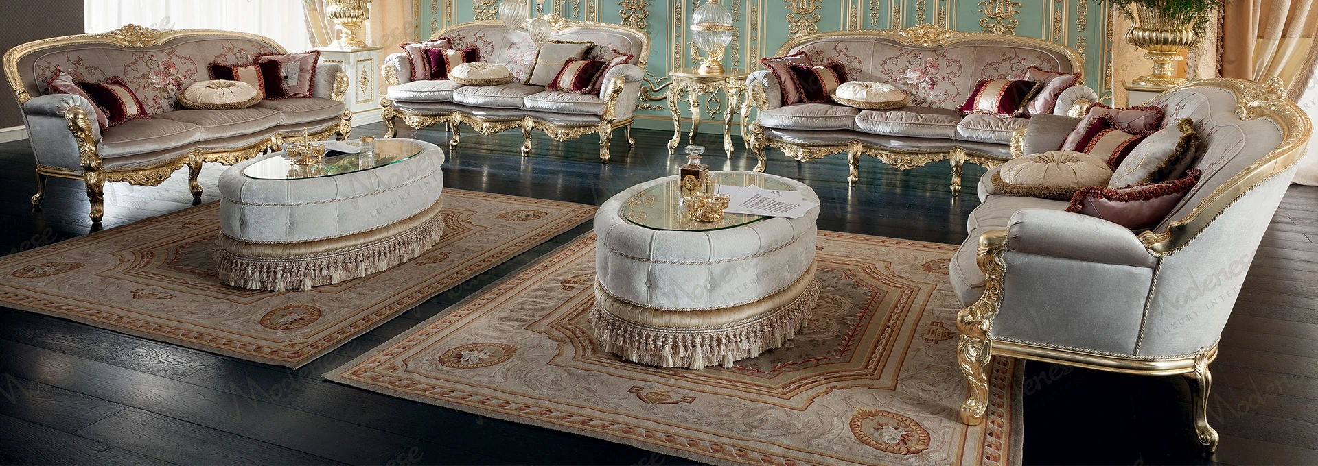Expansive living room designed for the Modenese Project, anchored by a large, custom Sarelli bespoke carpet with a subtle geometric pattern.