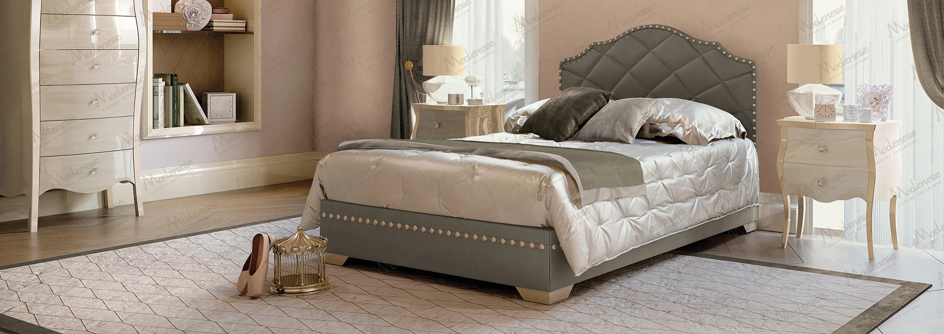 Elegant living room from the MODENESE PROJECT showcasing a classic sofa upholstered in a luxurious gold and cream SARELLI classical fabric.