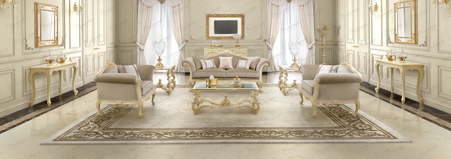 The opulent interior of a hospitality space from the MODENESE PROJECT, highlighting the harmonious use of various SARELLI FABRICS on furniture and drapery.