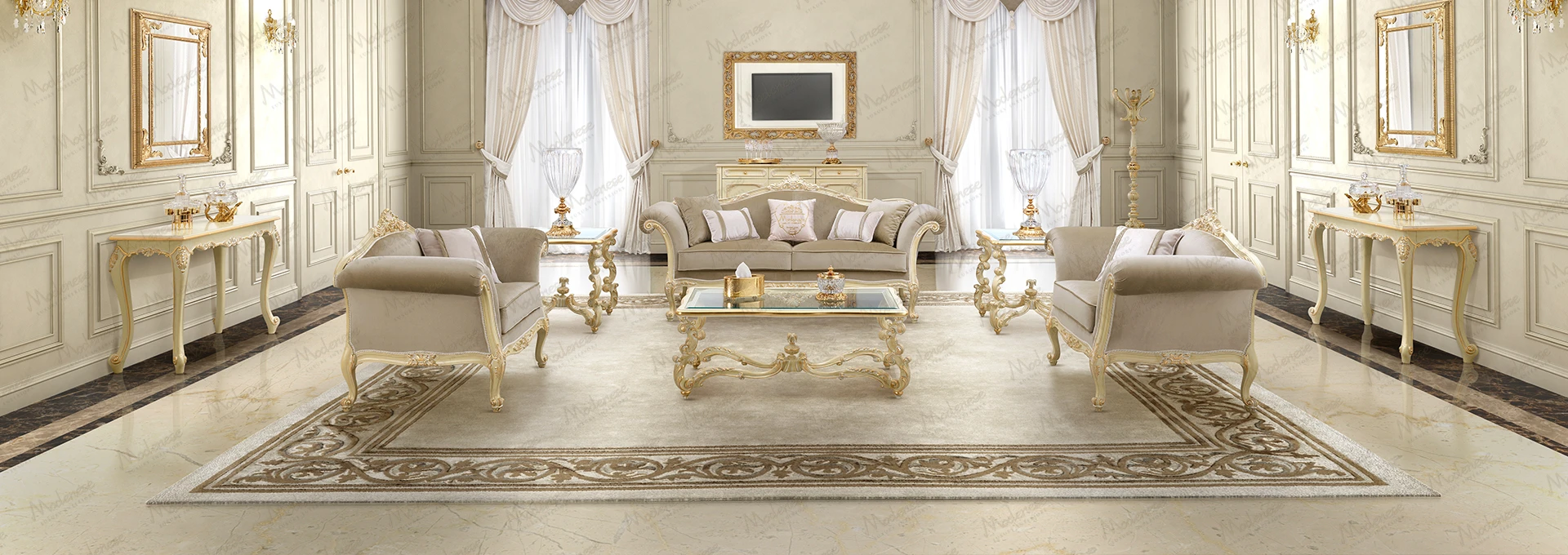 Luxurious contemporary living room by Modenese Project, anchored by a large, custom Sarelli Legacy carpet with a subtle geometric pattern.