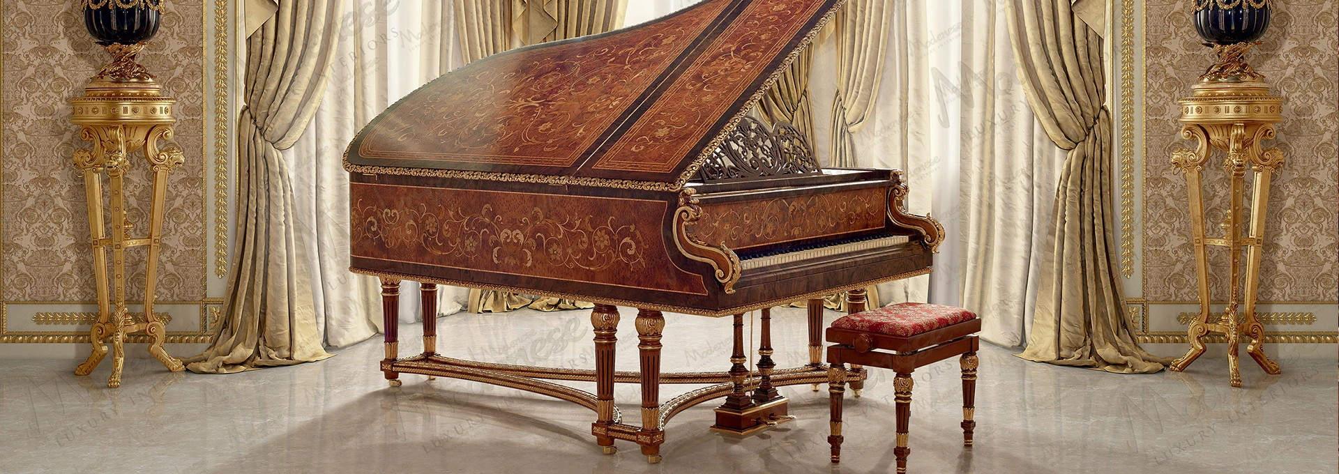 Close-up detail of the intricate, hand-carved wood on the leg of a custom piano, showcasing the fine craftsmanship of the classical piano design.