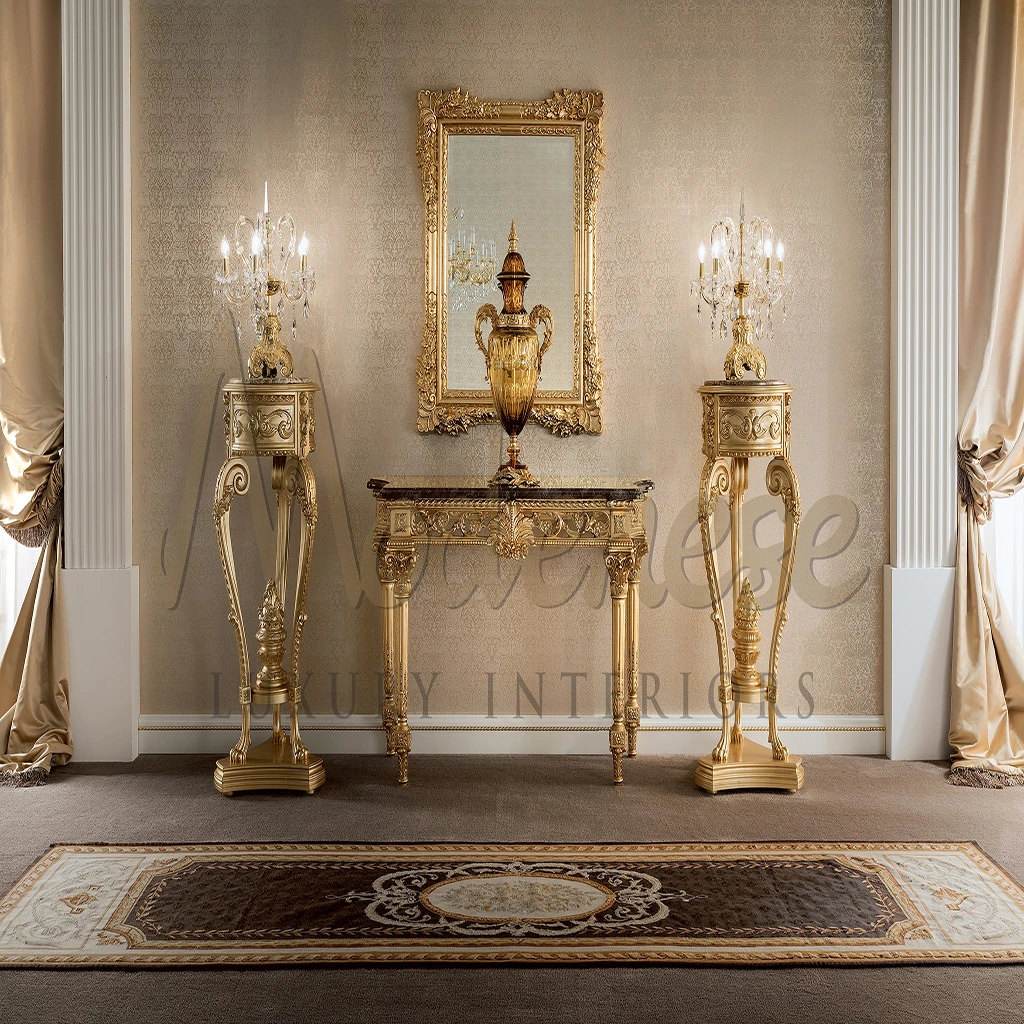 An elegant Modenese standing lamp with a tall, slender base and a classic shade, providing sophisticated light next to a damask sofa.