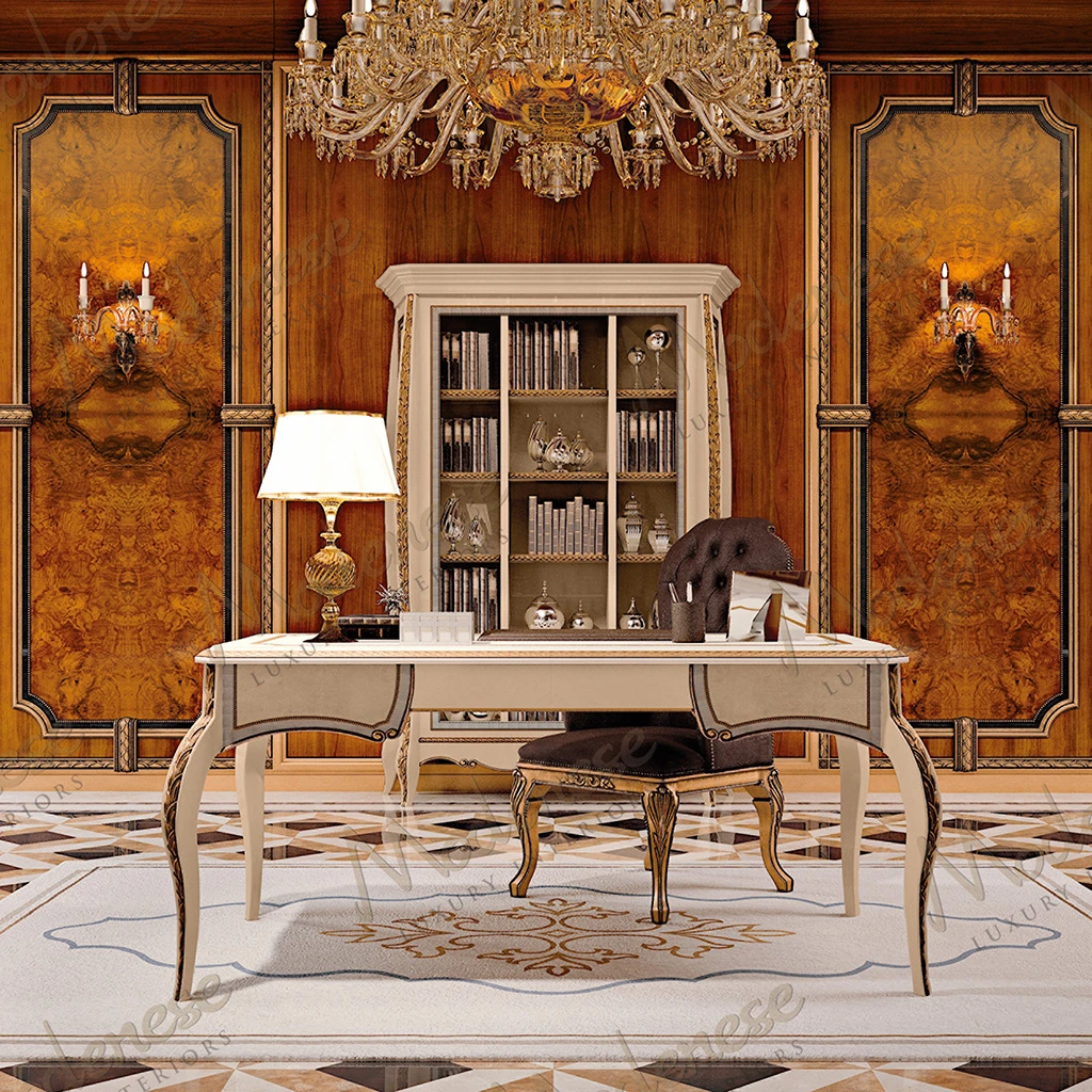 Close-up of a luxurious wood boiserie wall panel with gilded accents, showcasing the craftsmanship in a government office design by Modenese.