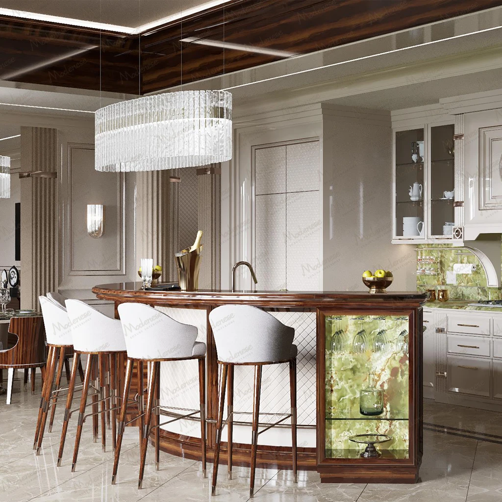 An elegant and modern designer kitchen from Modenese, combining sleek, dark wood cabinetry with luminous marble surfaces, embodying the essence of luxury Italian kitchens.