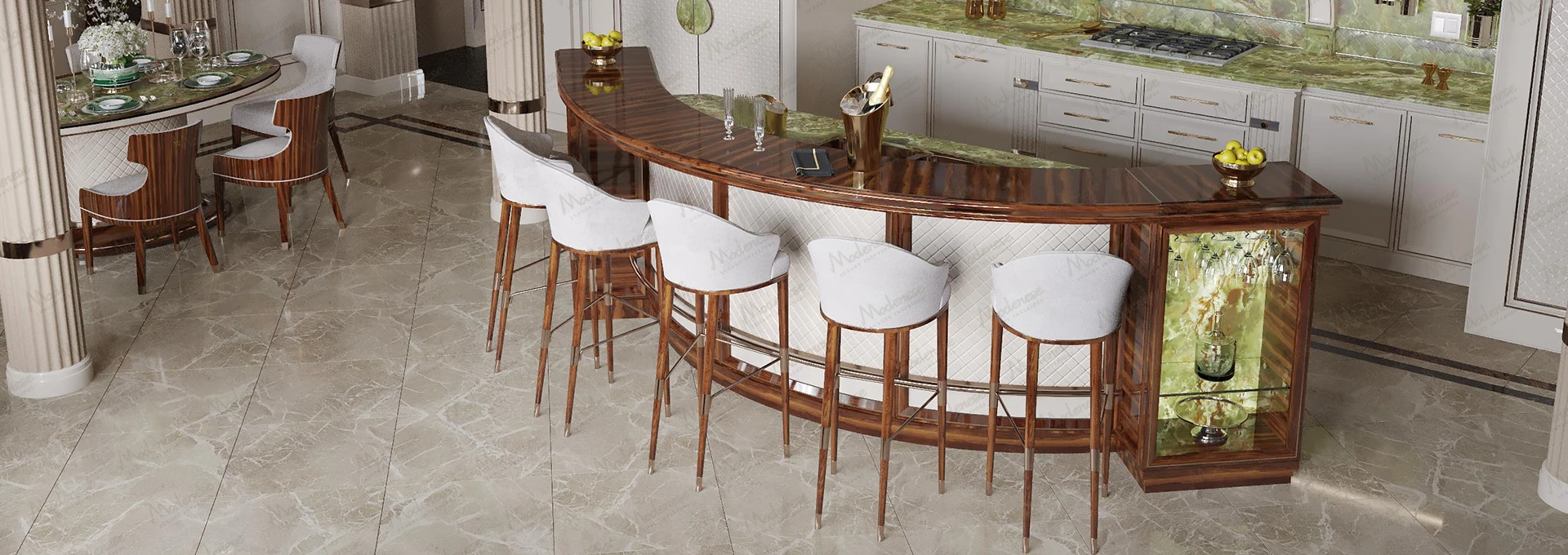 Detailed close-up of a custom made kitchen cabinet by Modenese, showcasing intricate hand-carved floral motifs and a rich, polished wood finish.