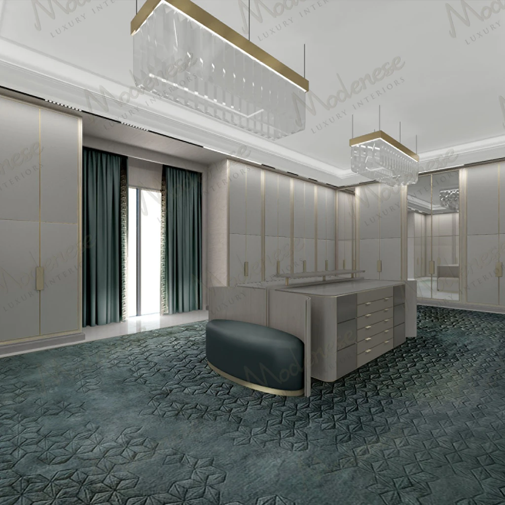 Sophisticated bespoke closet interior featuring illuminated glass-fronted cabinets displaying designer handbags and a tailored organization system by Modenese.