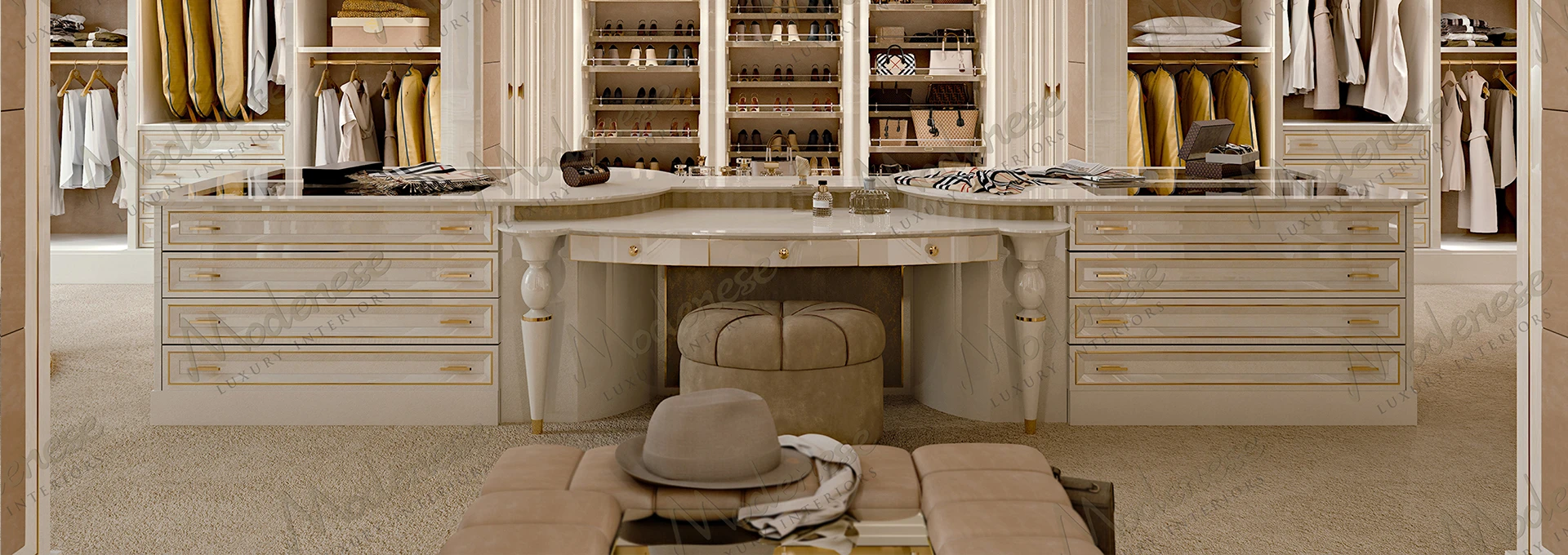 A detailed close-up of a custom walk in closet drawer, lined with grey velvet and showcasing meticulously arranged luxury watches in individual compartments.