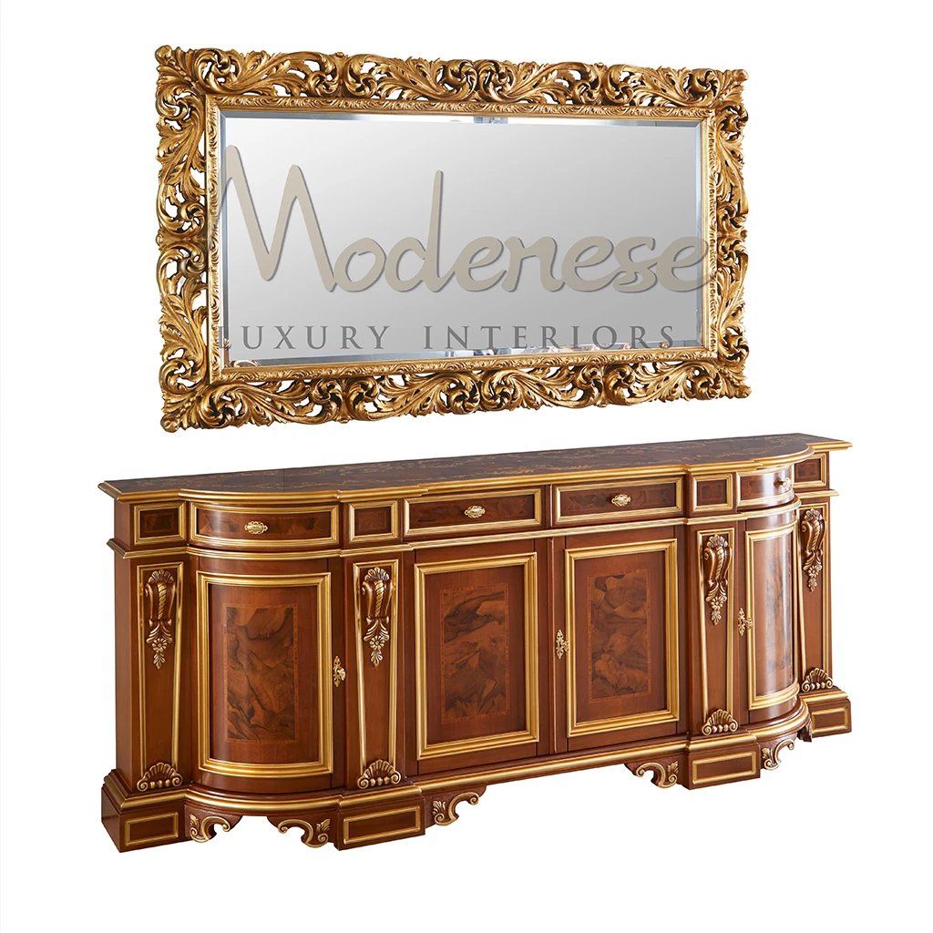 Close-up detail of a MODENESE classic 3D model, showcasing the intricate wood carving and gold leaf finish on a luxury console table available for free download.