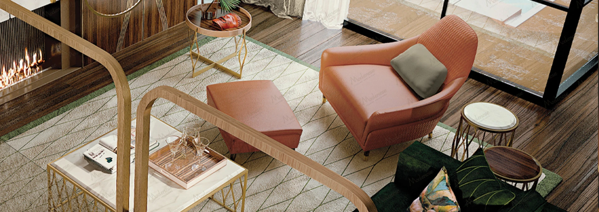 A photorealistic architectural rendering of a modern luxury living room, prominently featuring a sleek MODENESE contemporary sofa and armchairs downloaded from the free 3D models library.