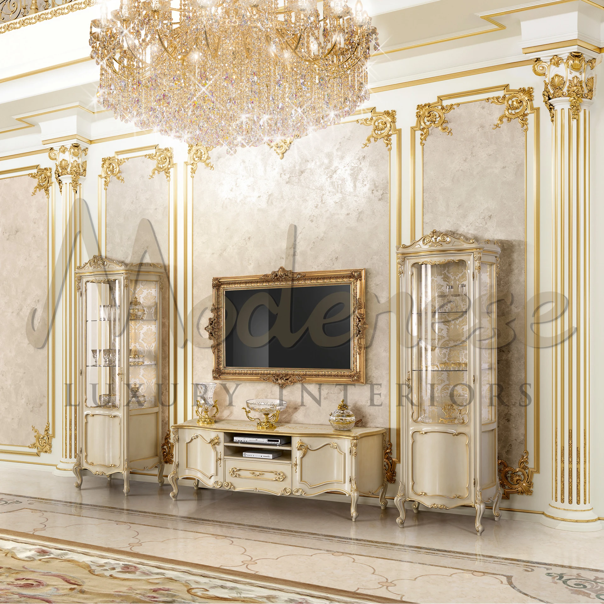 "Luxury Victorian Style TV Stand, solid wood construction, perfect for classic interior design.