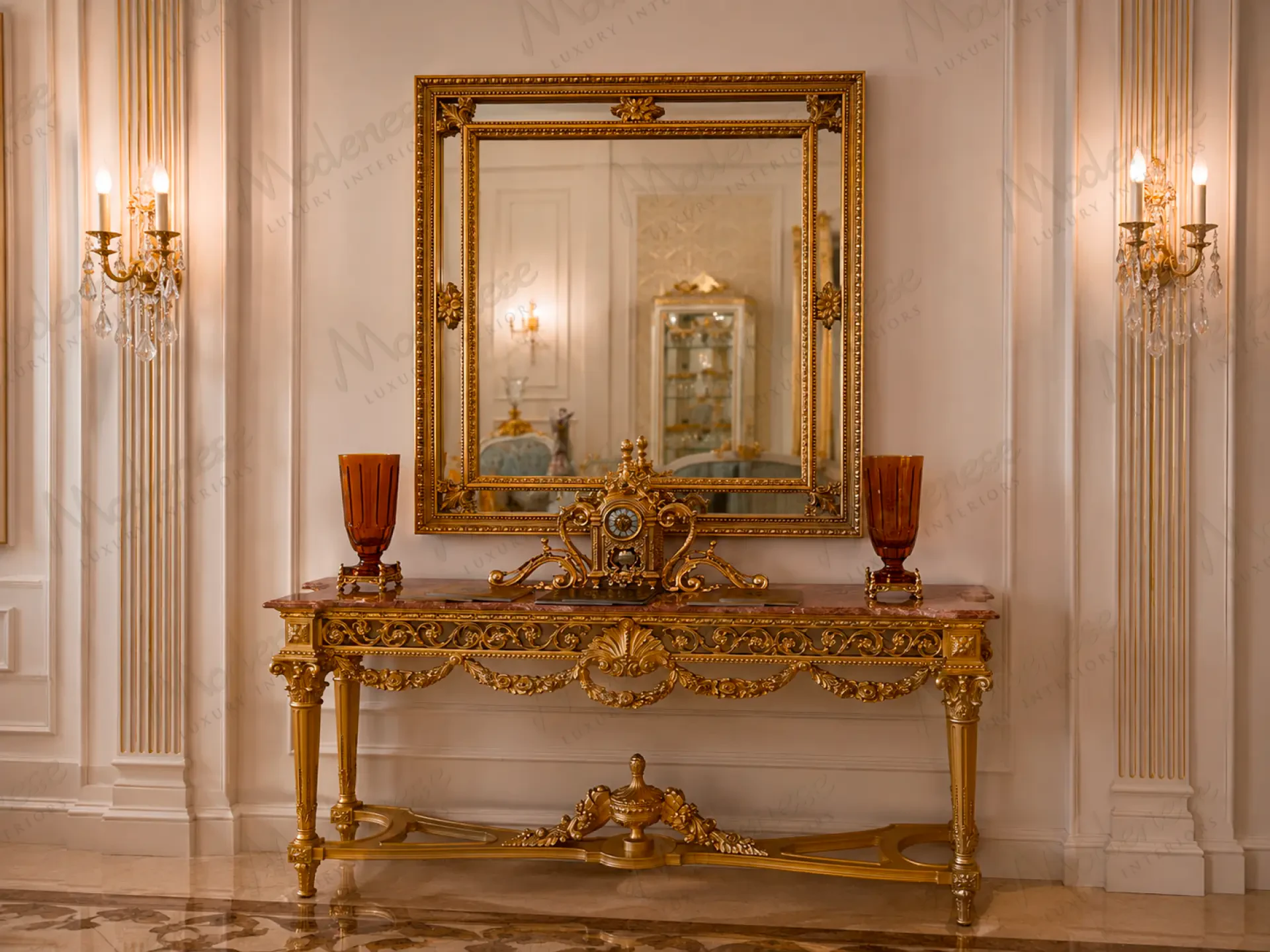 Classic Italian console with sculptural gold supports