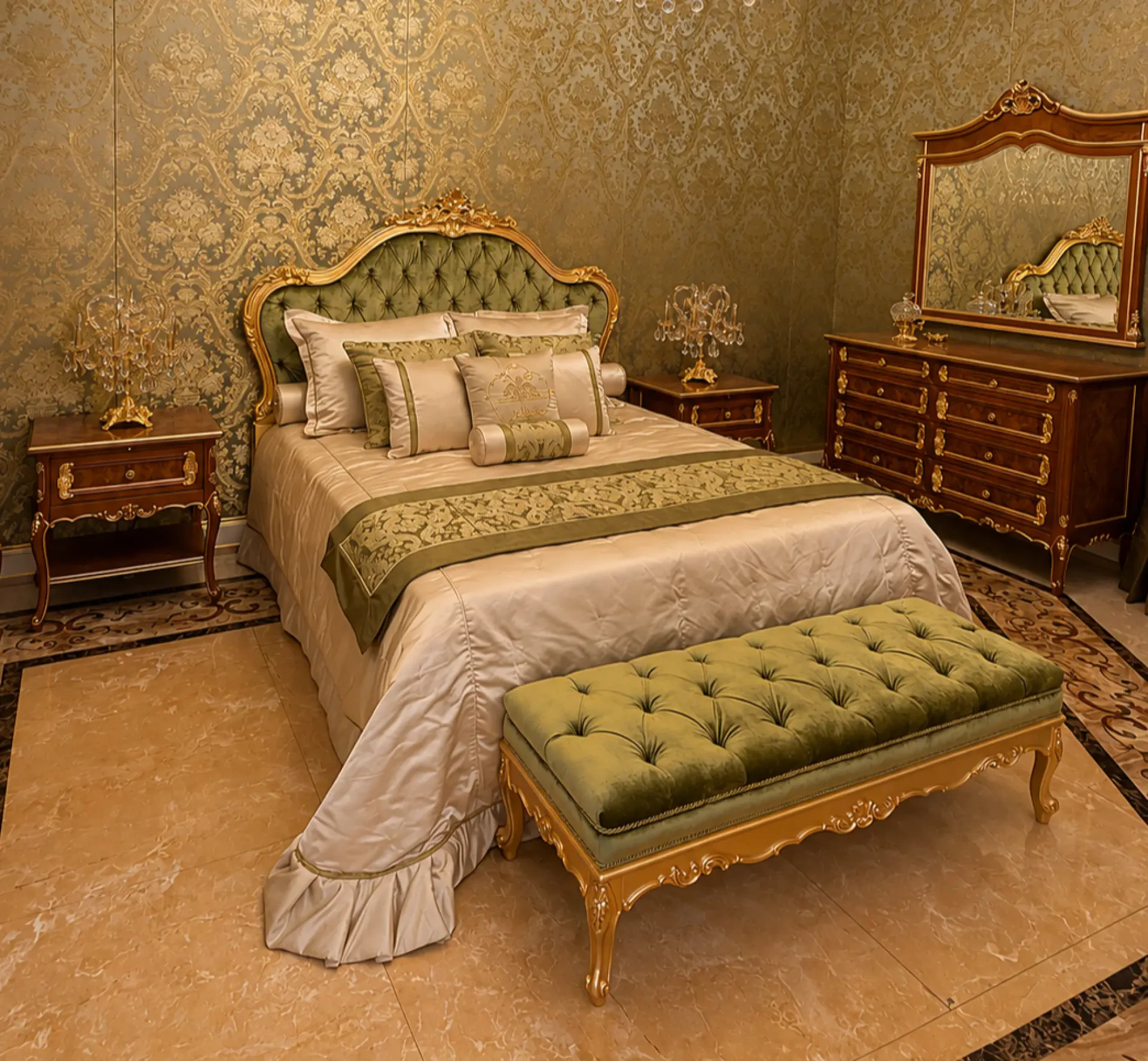 Luxury walnut bedside table with carved details