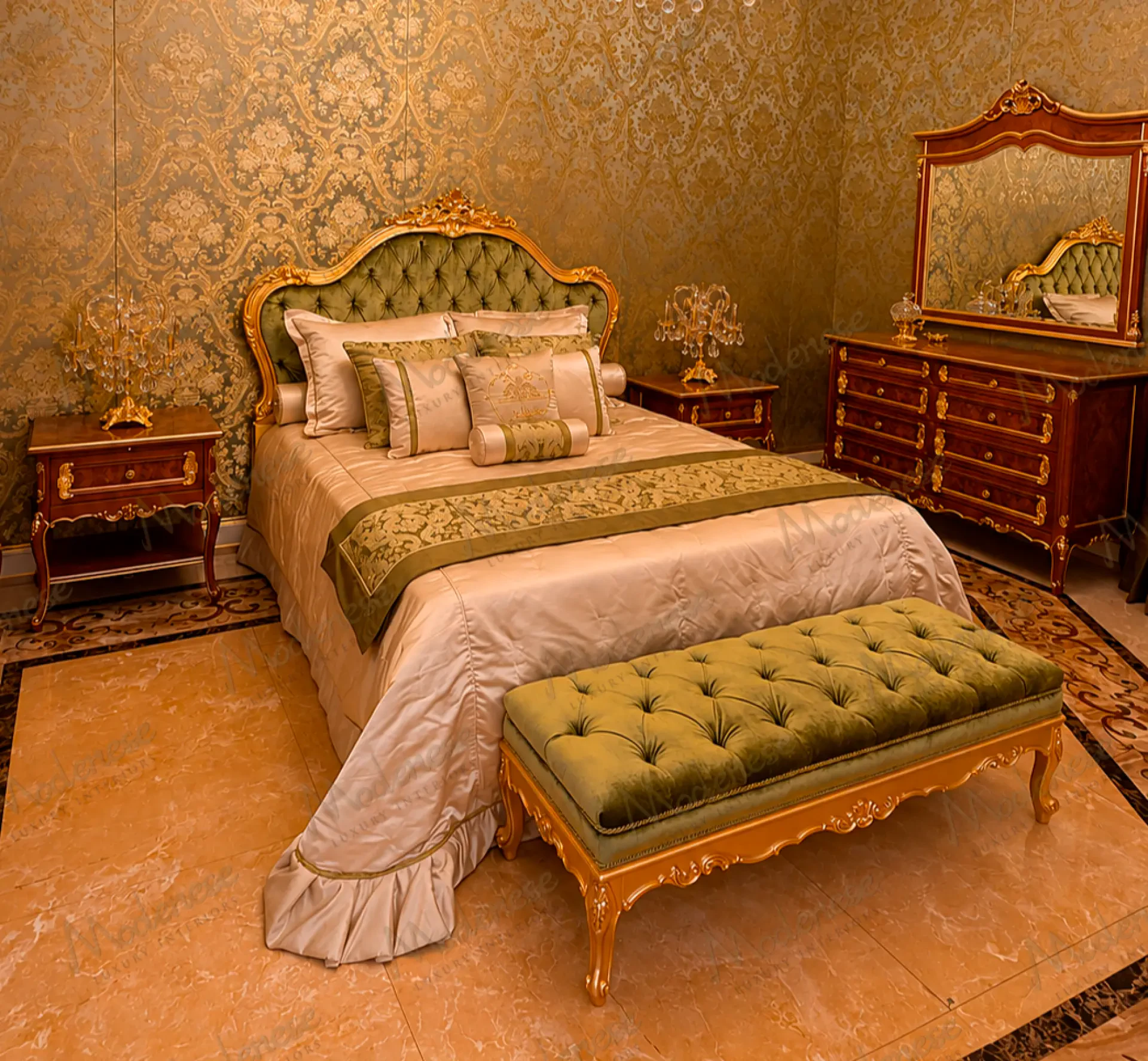 Classic upholstered bedroom bench with emerald velvet