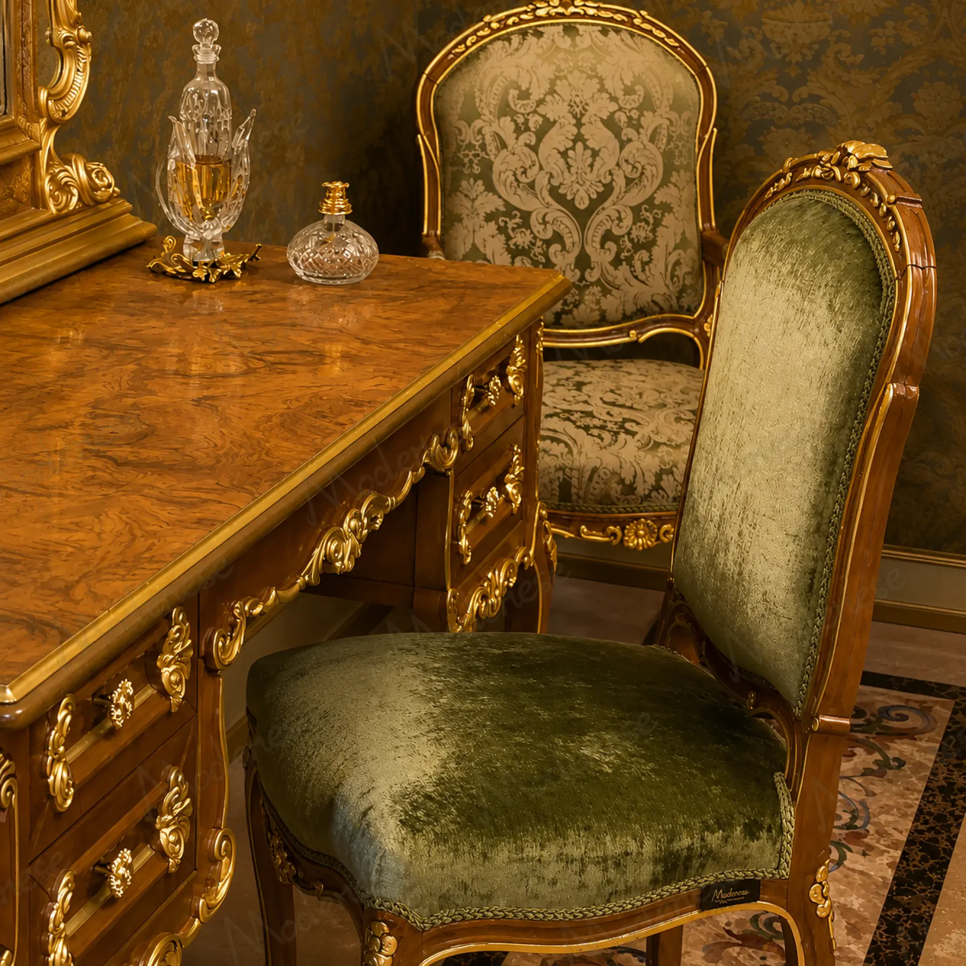 Italian luxury chair with green upholstered seat