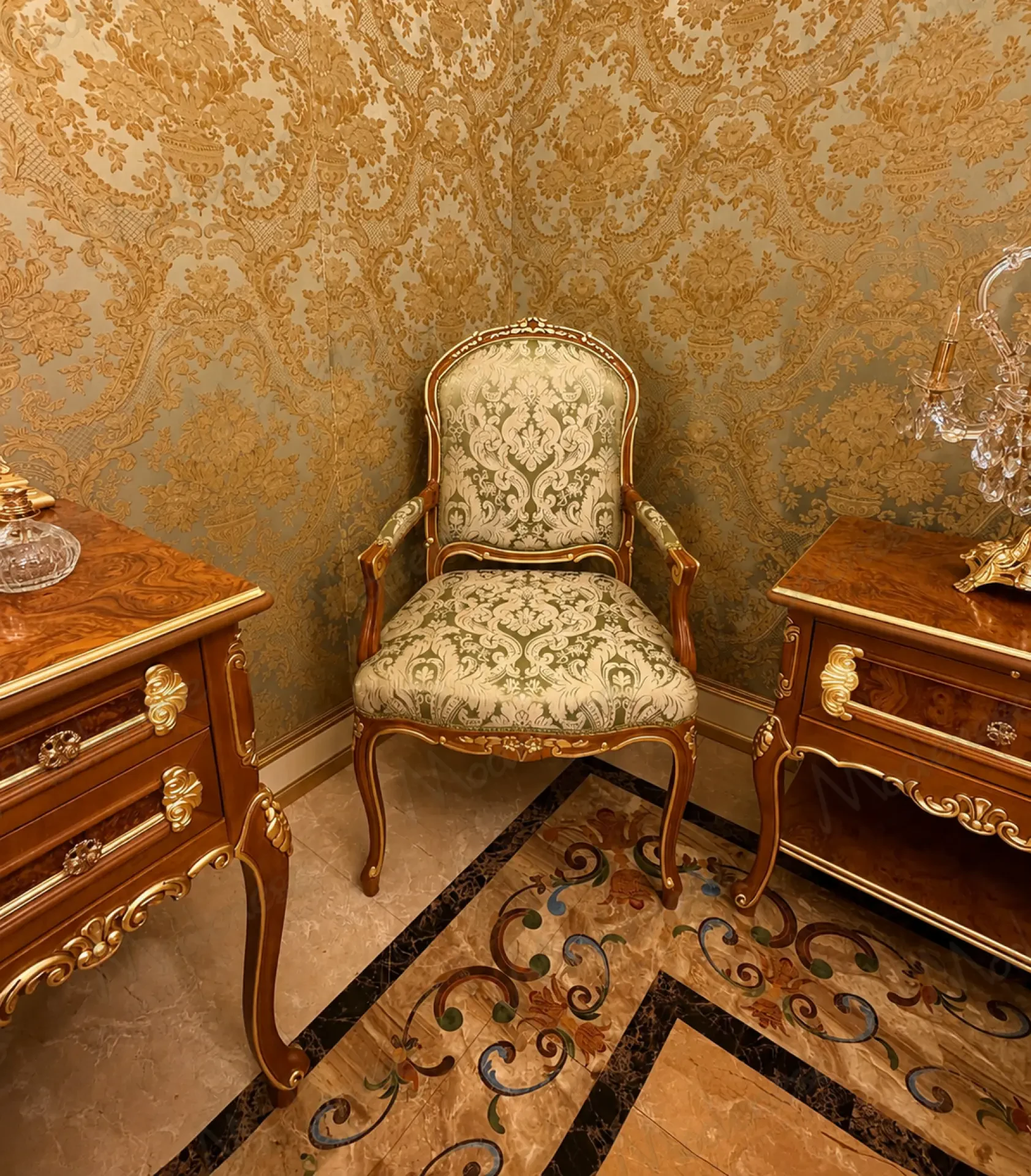 Italian luxury armchair with green upholstered fabric