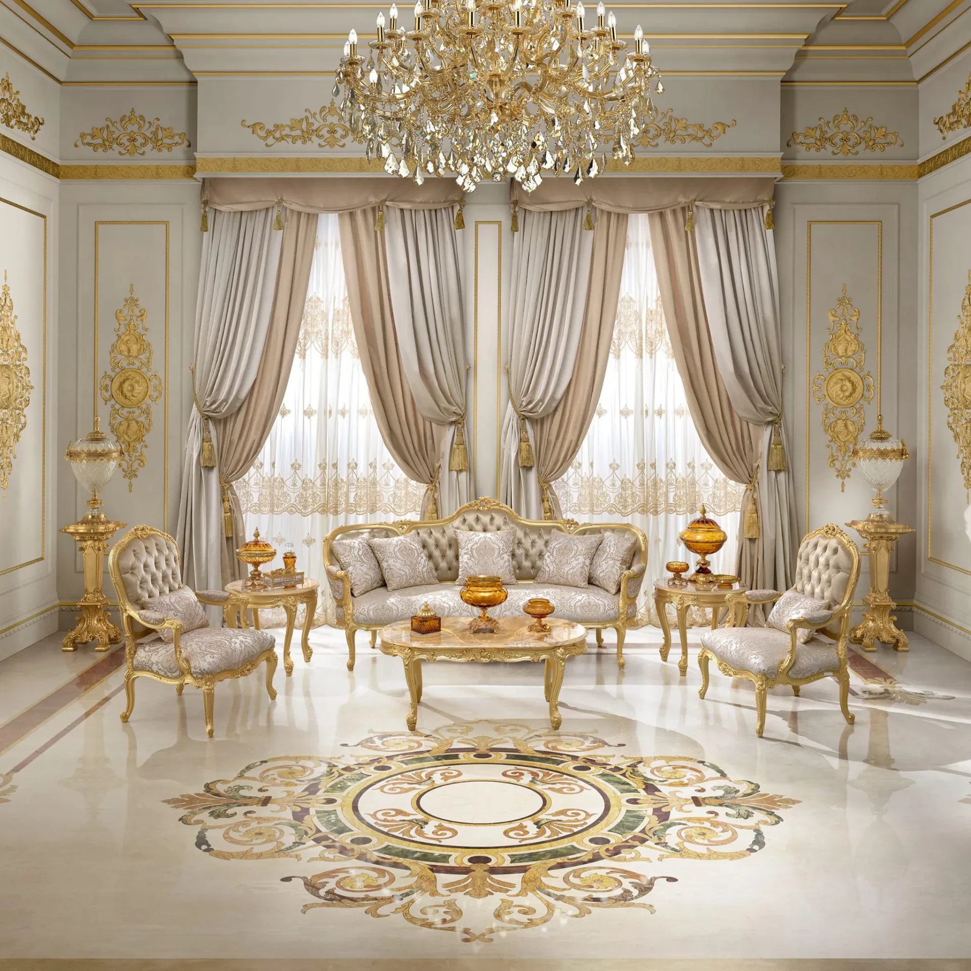 Elegant three-seat sofa featuring a sculpted silhouette, refined upholstery and intricate handcrafted ornamental details